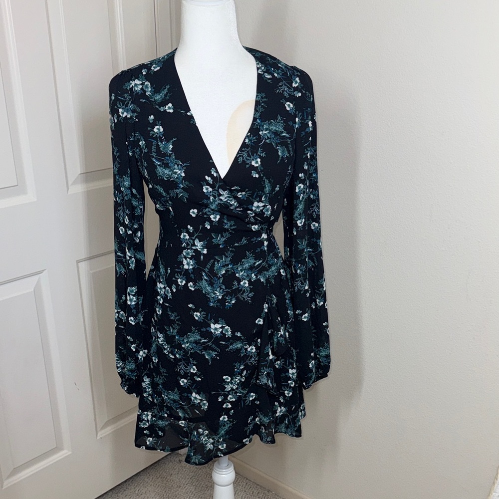 Francesca’s Mon Ami Black Floral Wrap Dress with Teal Accents